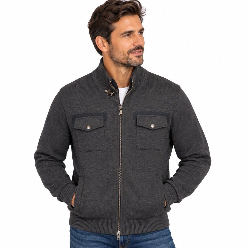 Banana Republic Mens Military Sweater Jacket Large Gray Full Zip Chest Pockets